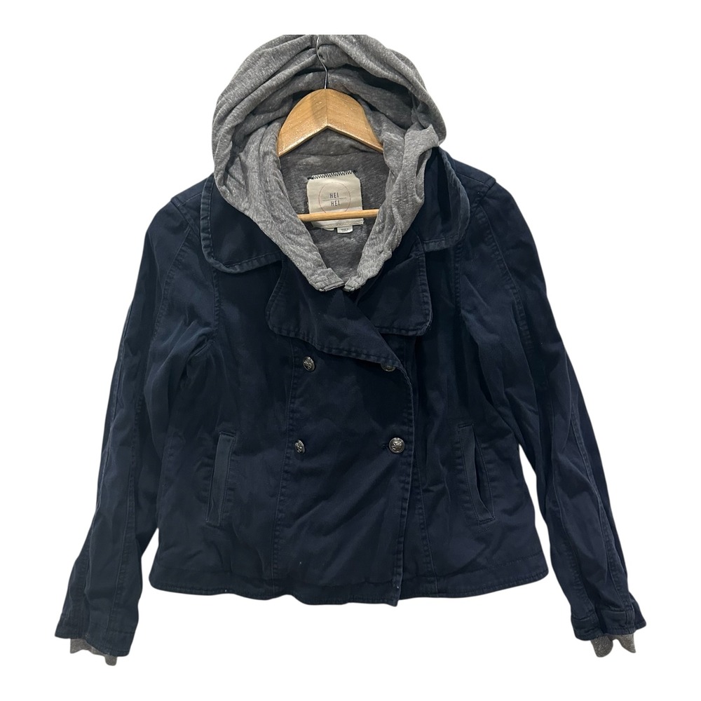 Hei Hei Anthropologie Navy Blue Hooded Double Breasted Jacket XS Utility Canvas